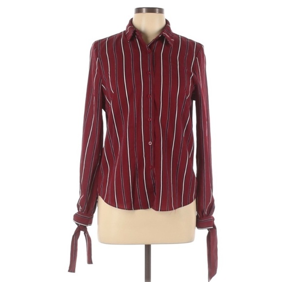 Haute Monde Striped Ribbon Sleeve button down top maroon medium - Picture 1 of 4